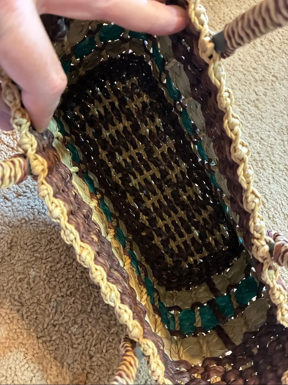 Woven Straw Tote Bag with Teal Accent - Women Bags